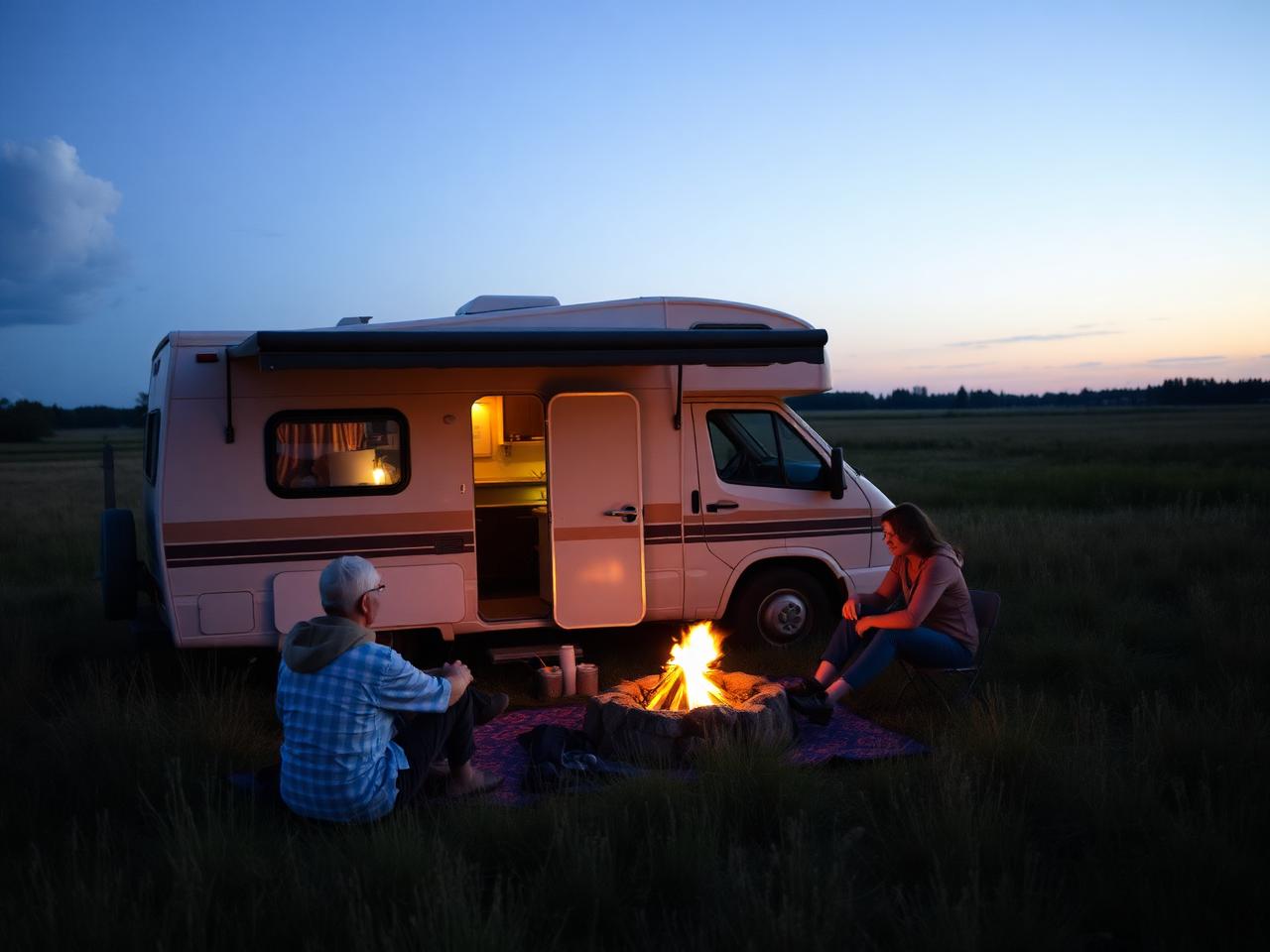 Camper am Lagerfeuer in der Dämmerung