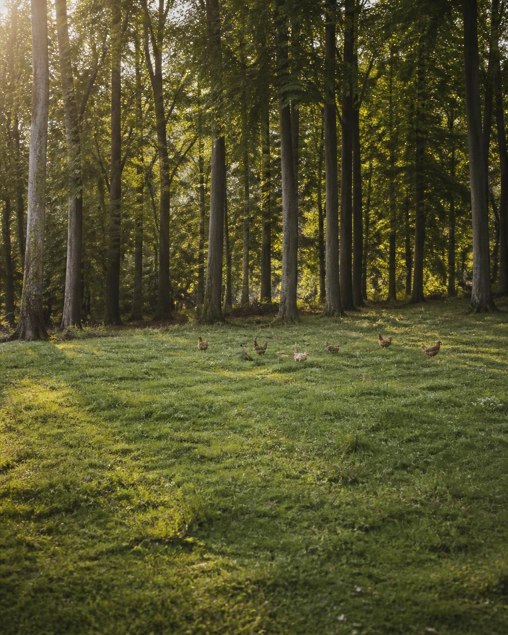 Braune Legehennen auf einer sonnigen Wiese am Waldrand